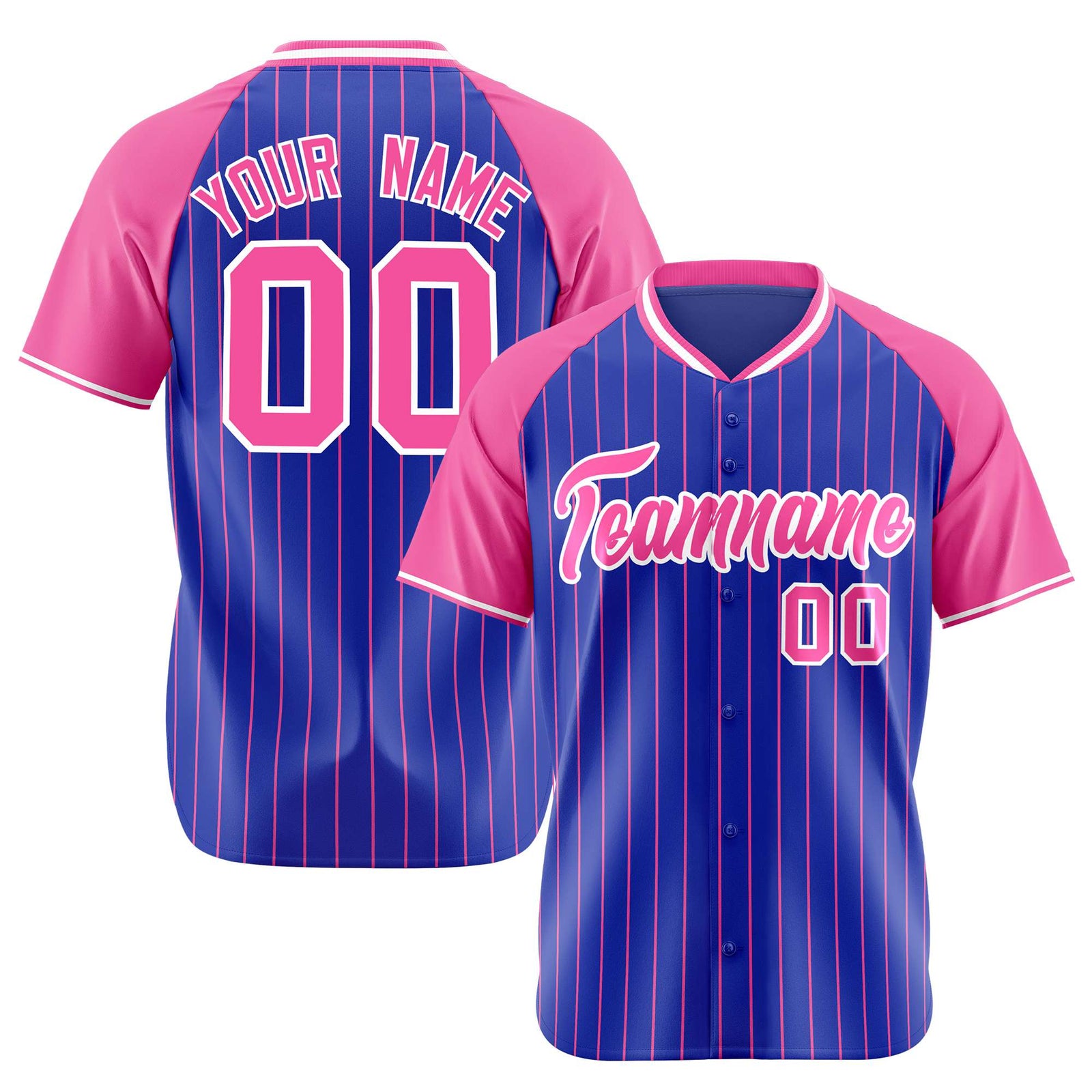 Custom Royal Blue-Pink Pinstripe Authentic Raglan Sleeves Baseball Jersey