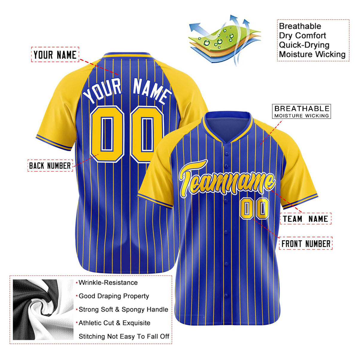 Custom Royal Blue-Gold Pinstripe Authentic Raglan Sleeves Baseball Jersey