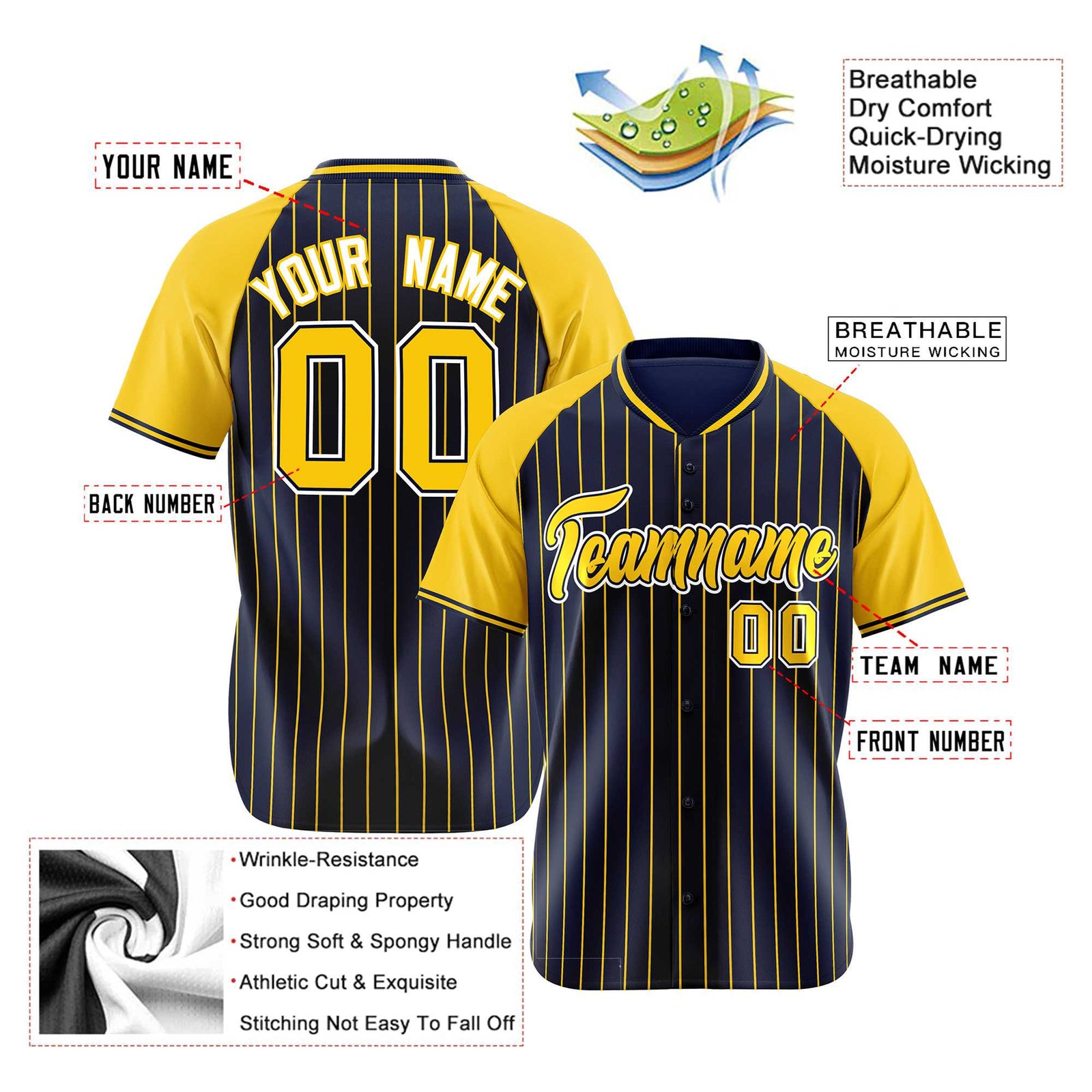 Custom Navy Yellow Pinstripe Yellow-Navy Authentic Raglan Sleeves Baseball Jersey