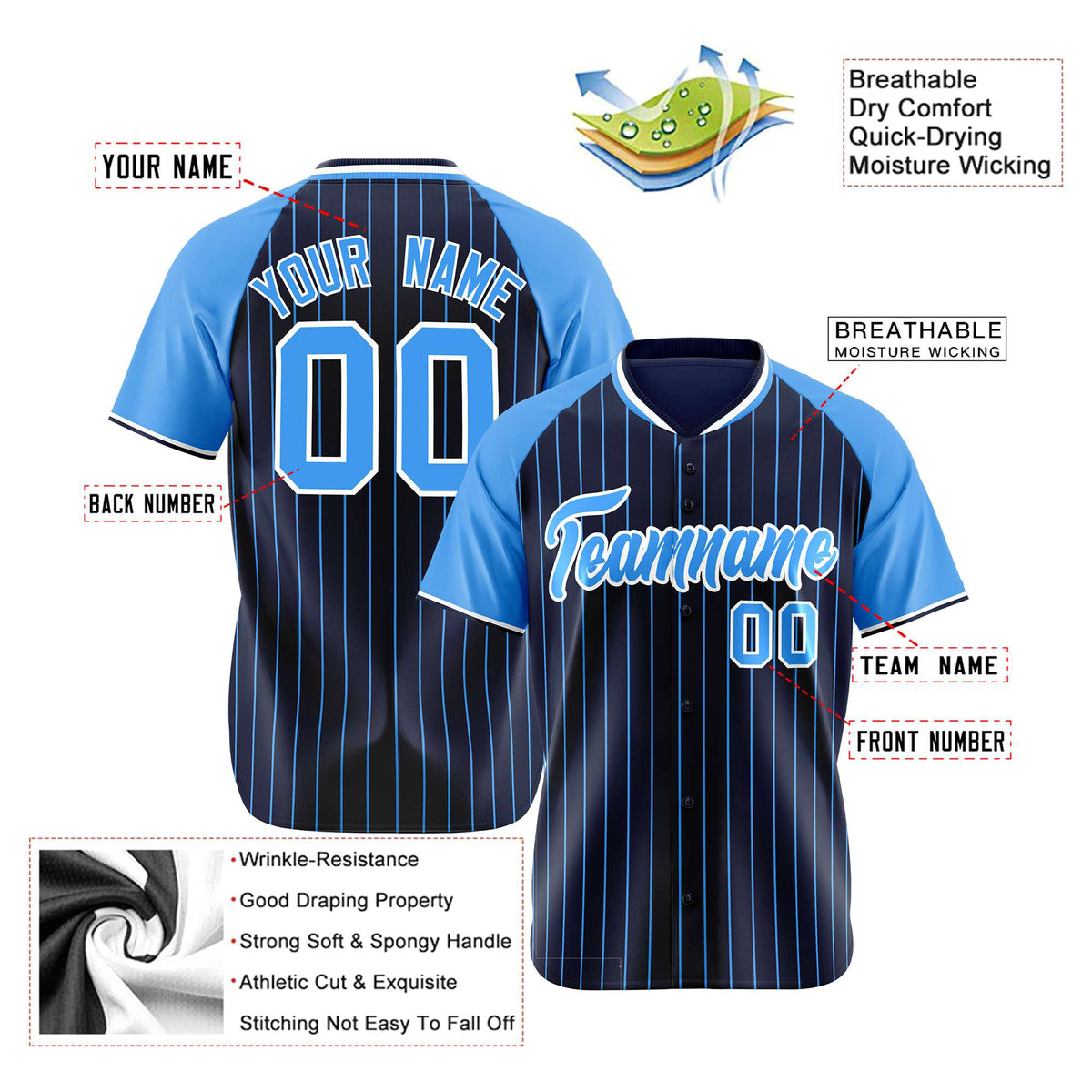 Custom Navy-Light Blue Pinstripe Authentic Raglan Sleeves Baseball Jersey