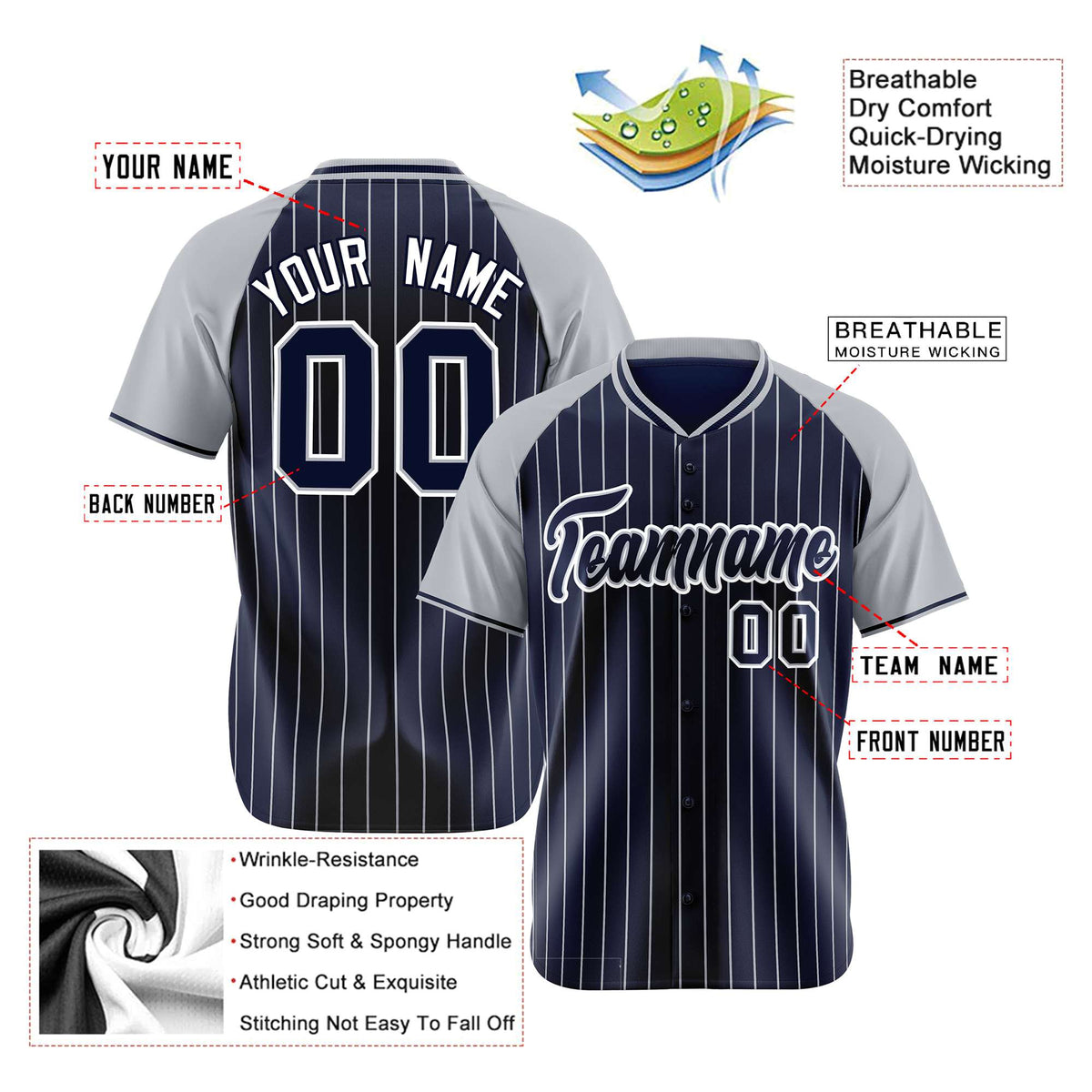 Custom Navy Gray Pinstripe Gray-Navy Authentic Raglan Sleeves Baseball Jersey