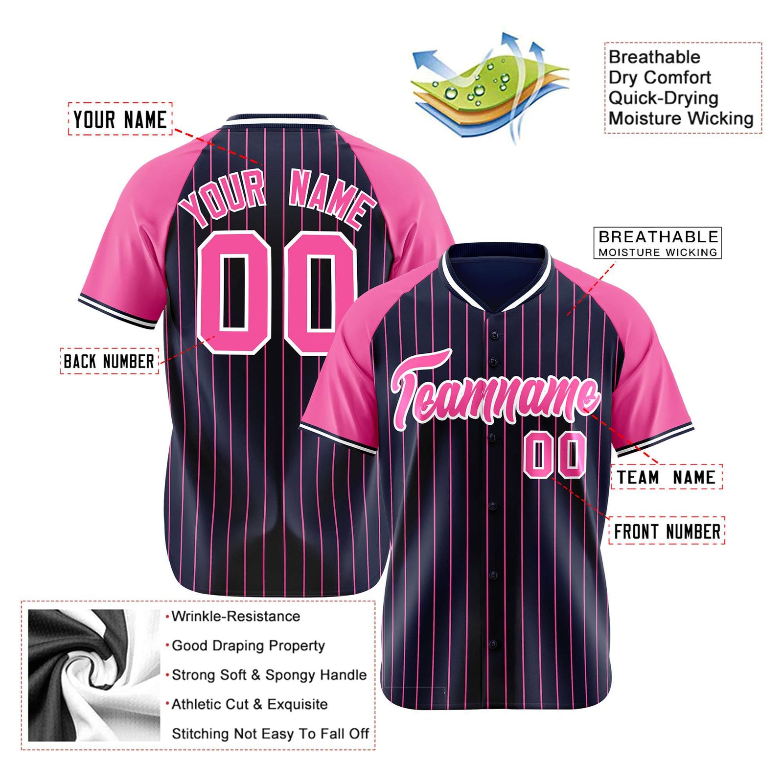 Custom Navy Pink Pinstripe Pink-Navy Authentic Raglan Sleeves Baseball Jersey