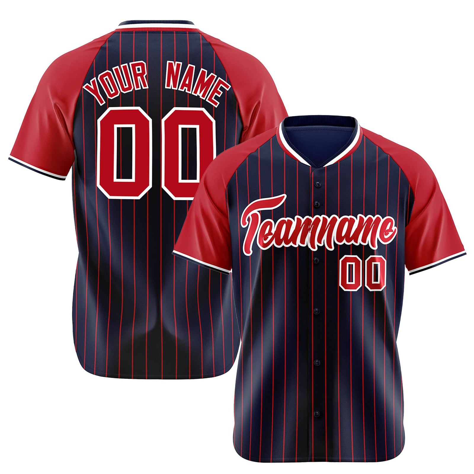 Custom Navy Red Pinstripe Red-Navy Authentic Raglan Sleeves Baseball Jersey
