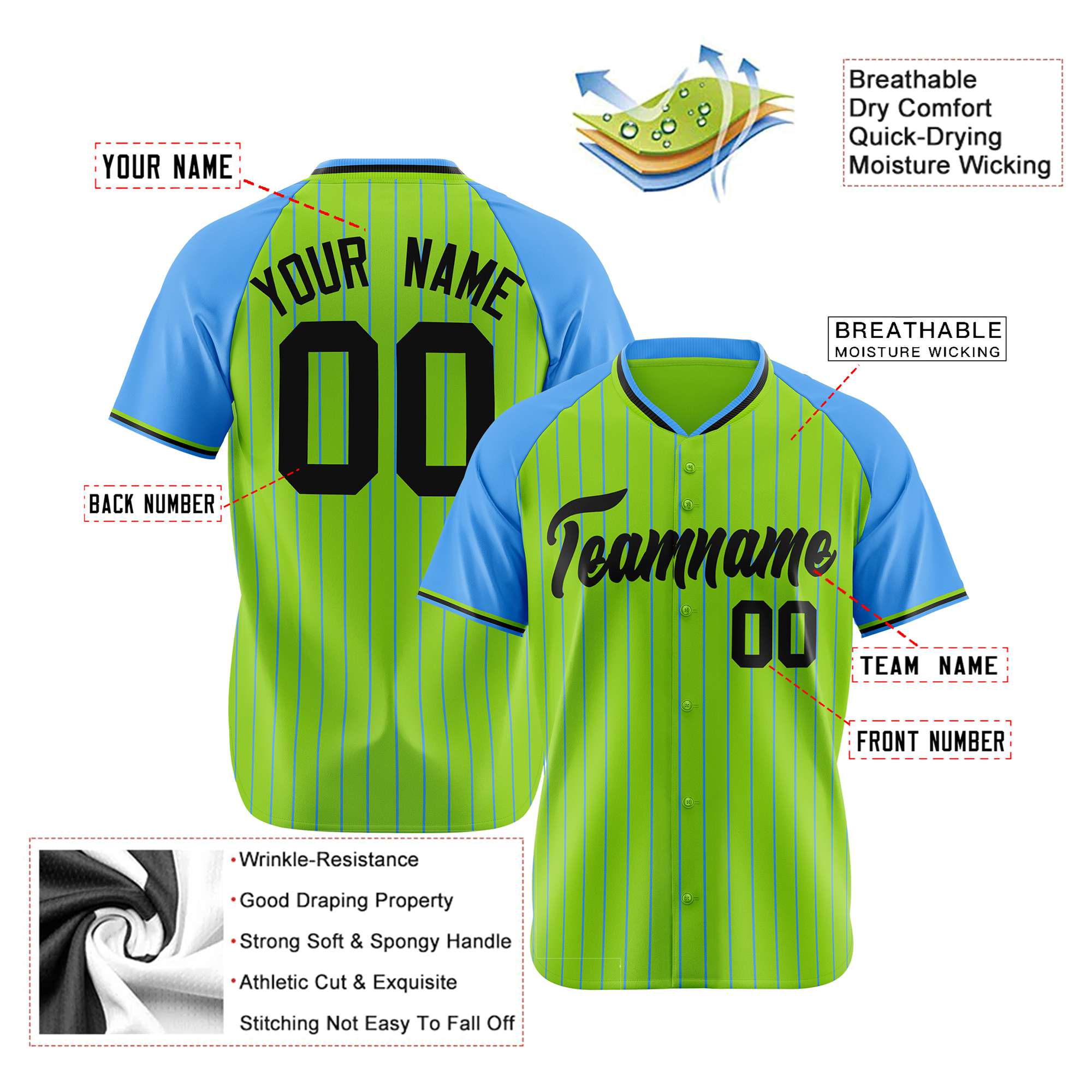 Custom Neon Green Blue Pinstripe Blue Neon-Green Authentic Raglan Sleeves Baseball Jersey