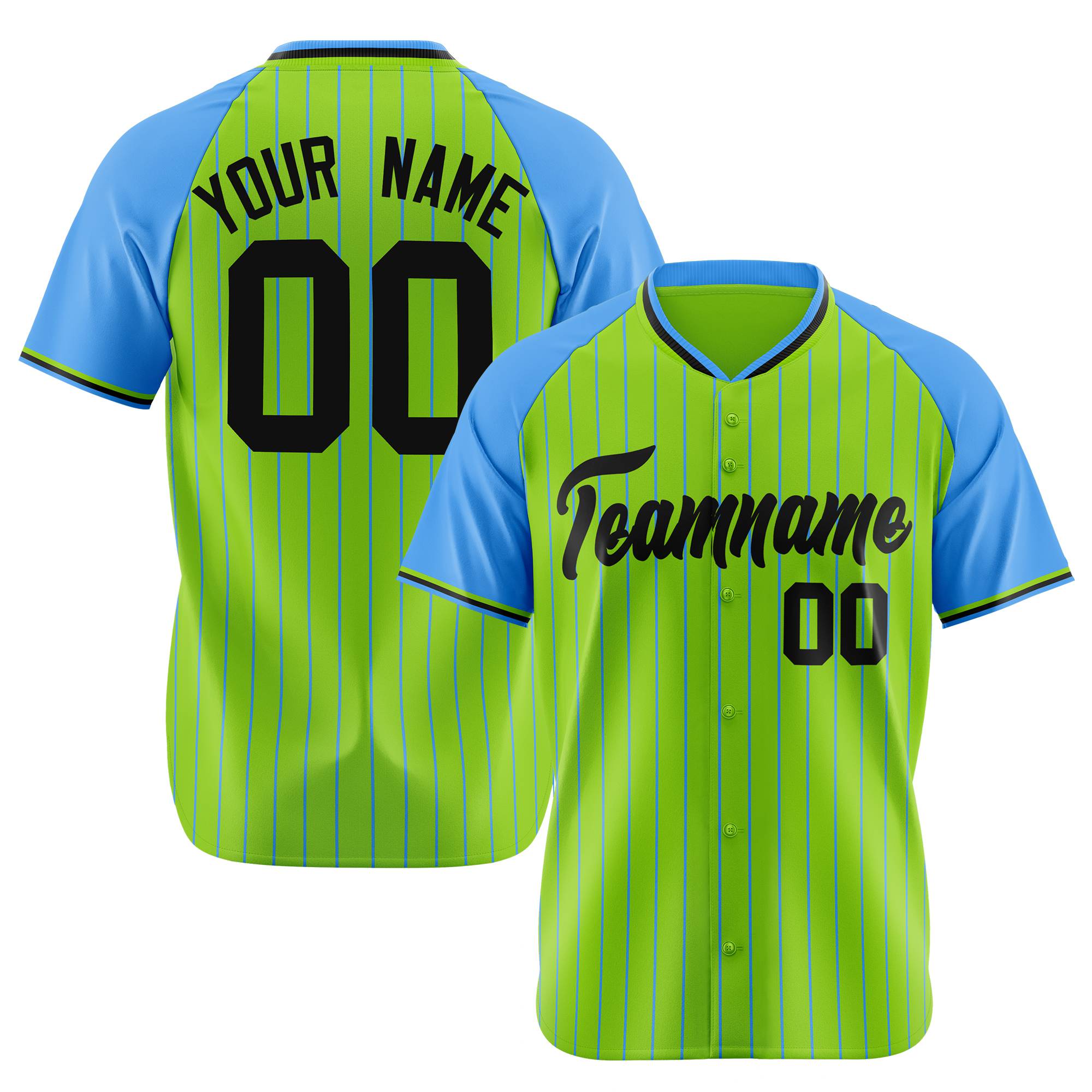 Custom Neon Green Blue Pinstripe Blue Neon-Green Authentic Raglan Sleeves Baseball Jersey