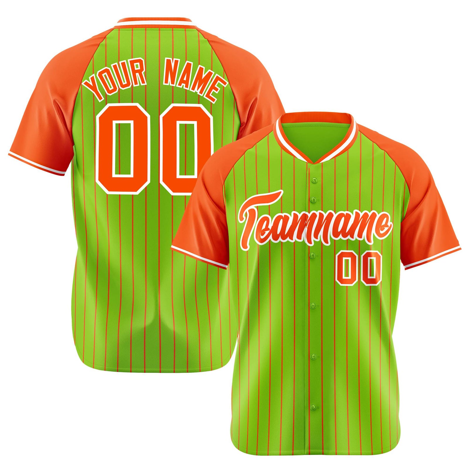 Custom Neon Green Orange Pinstripe Authentic Raglan Sleeves Baseball Jersey