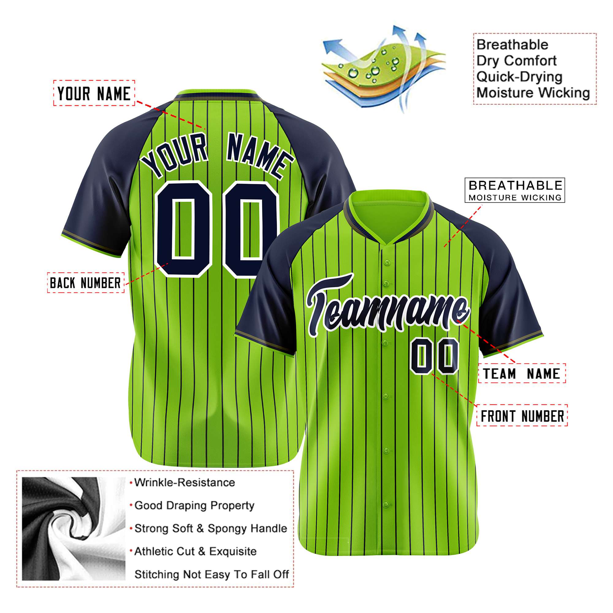 Custom Neon Green Navy Pinstripe Authentic Raglan Sleeves Baseball Jersey