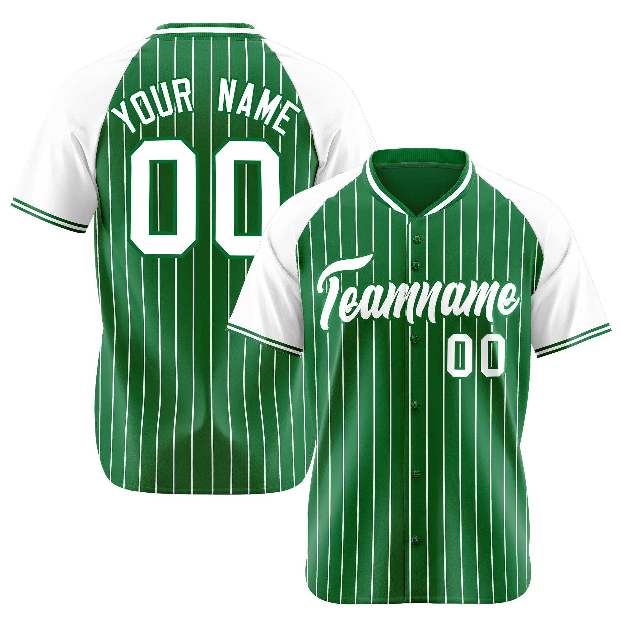 Custom Kelly Green-White Pinstripe Authentic Raglan Sleeves Baseball Jersey