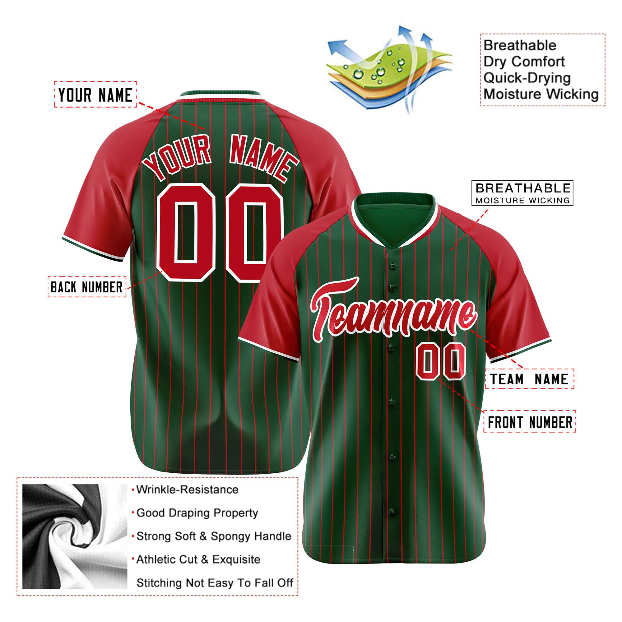 Custom Green Red Pinstripe Authentic Raglan Sleeves Baseball Jersey