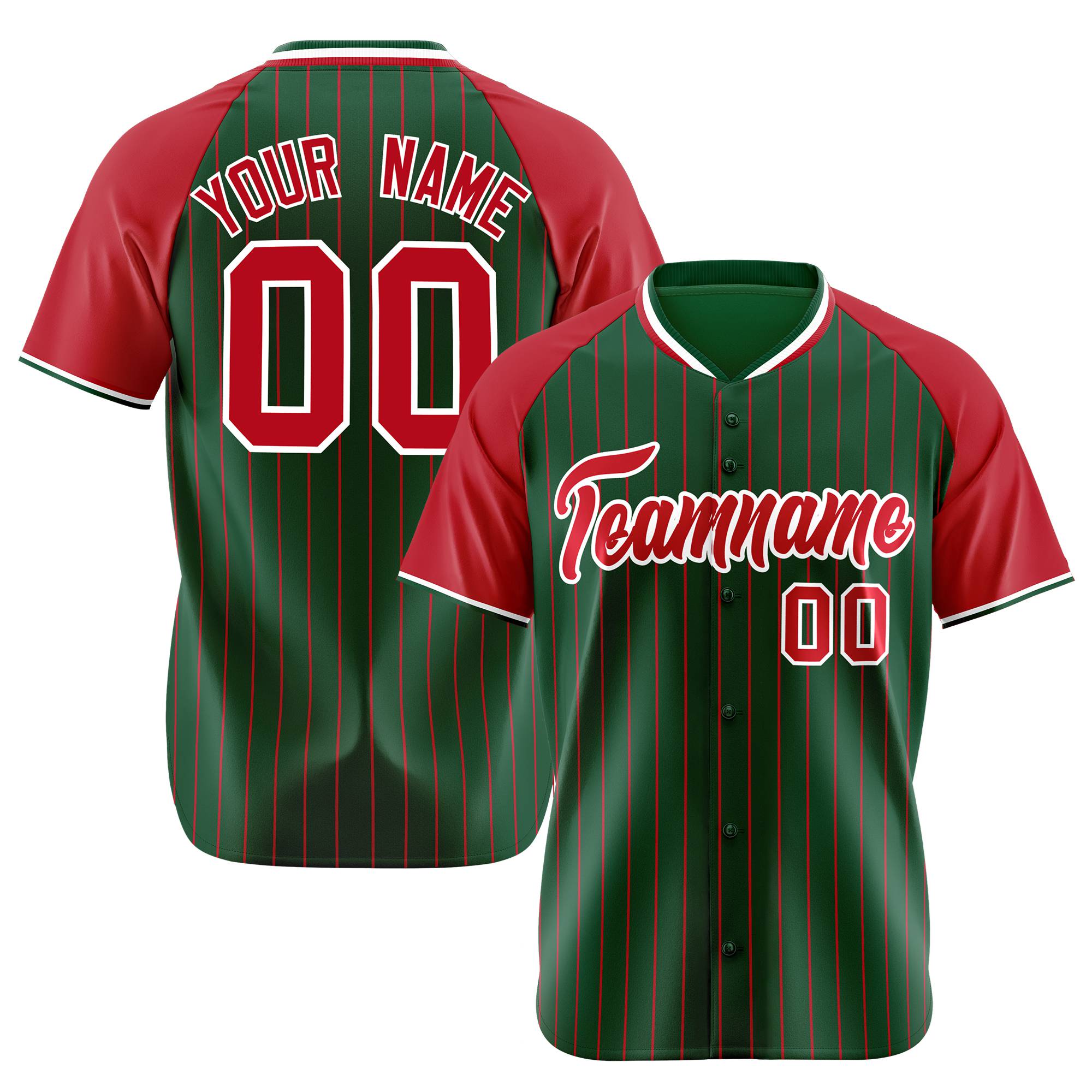 Custom Green Red Pinstripe Authentic Raglan Sleeves Baseball Jersey