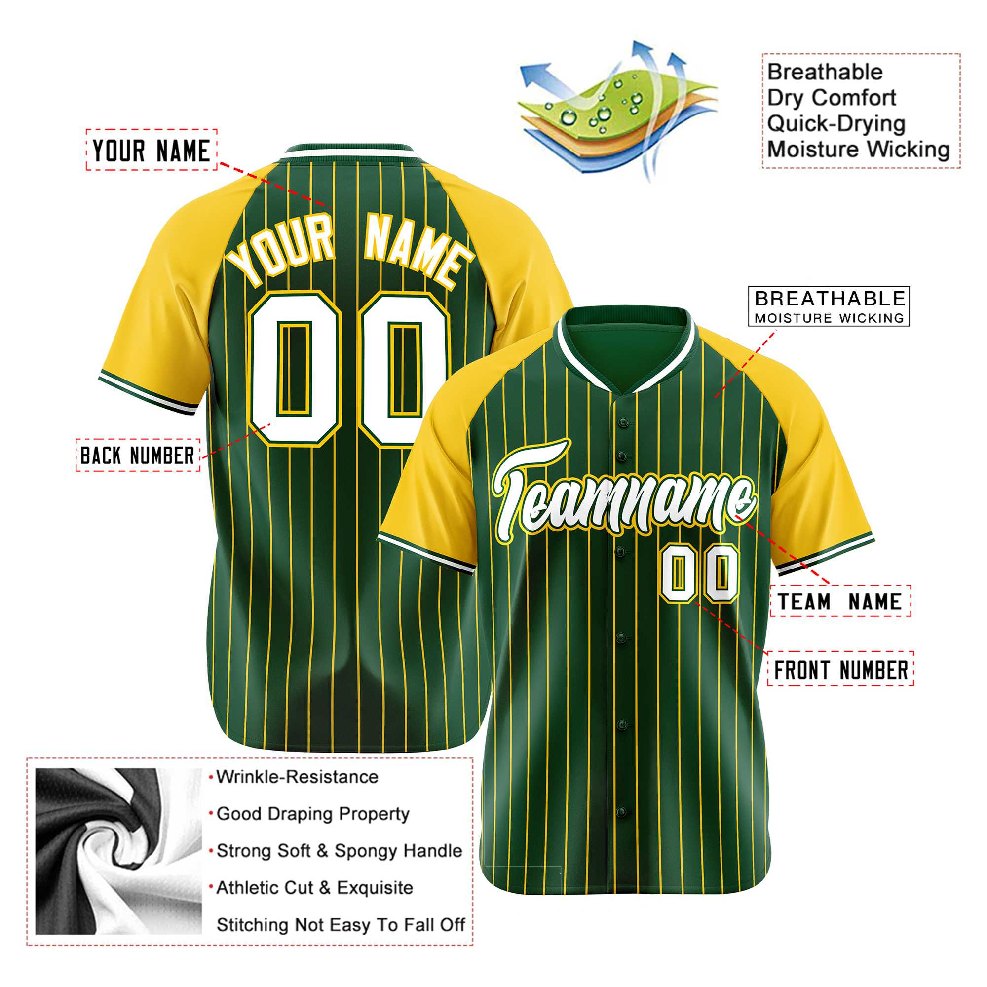 Custom Green Gold Pinstripe Authentic Raglan Sleeves Baseball Jersey