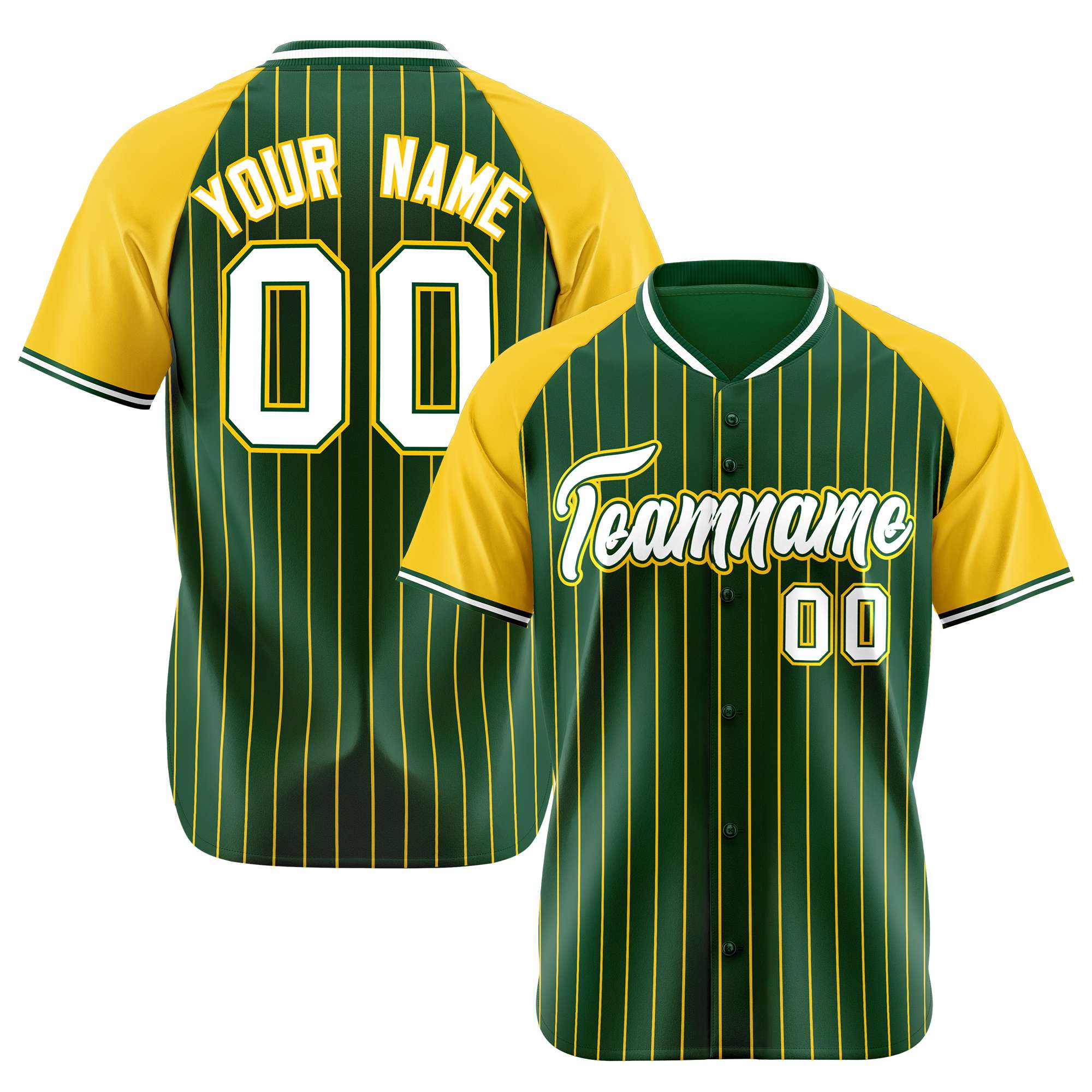 Custom Green Gold Pinstripe Authentic Raglan Sleeves Baseball Jersey