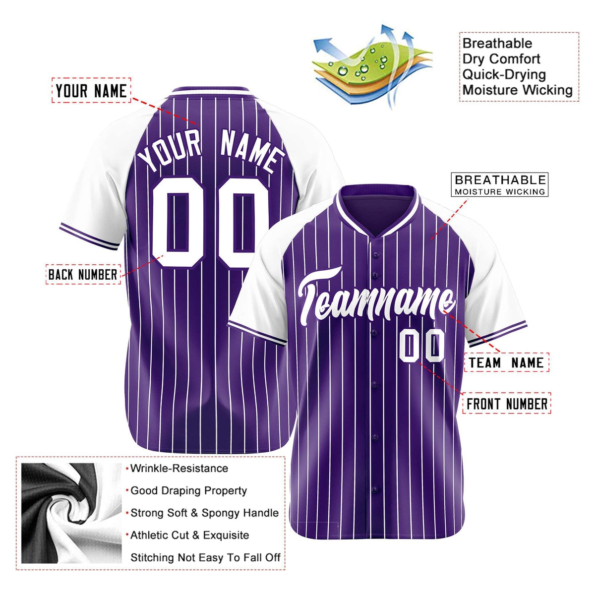 Custom Purple White Pinstripe White Purple Authentic Raglan Sleeves Baseball Jersey