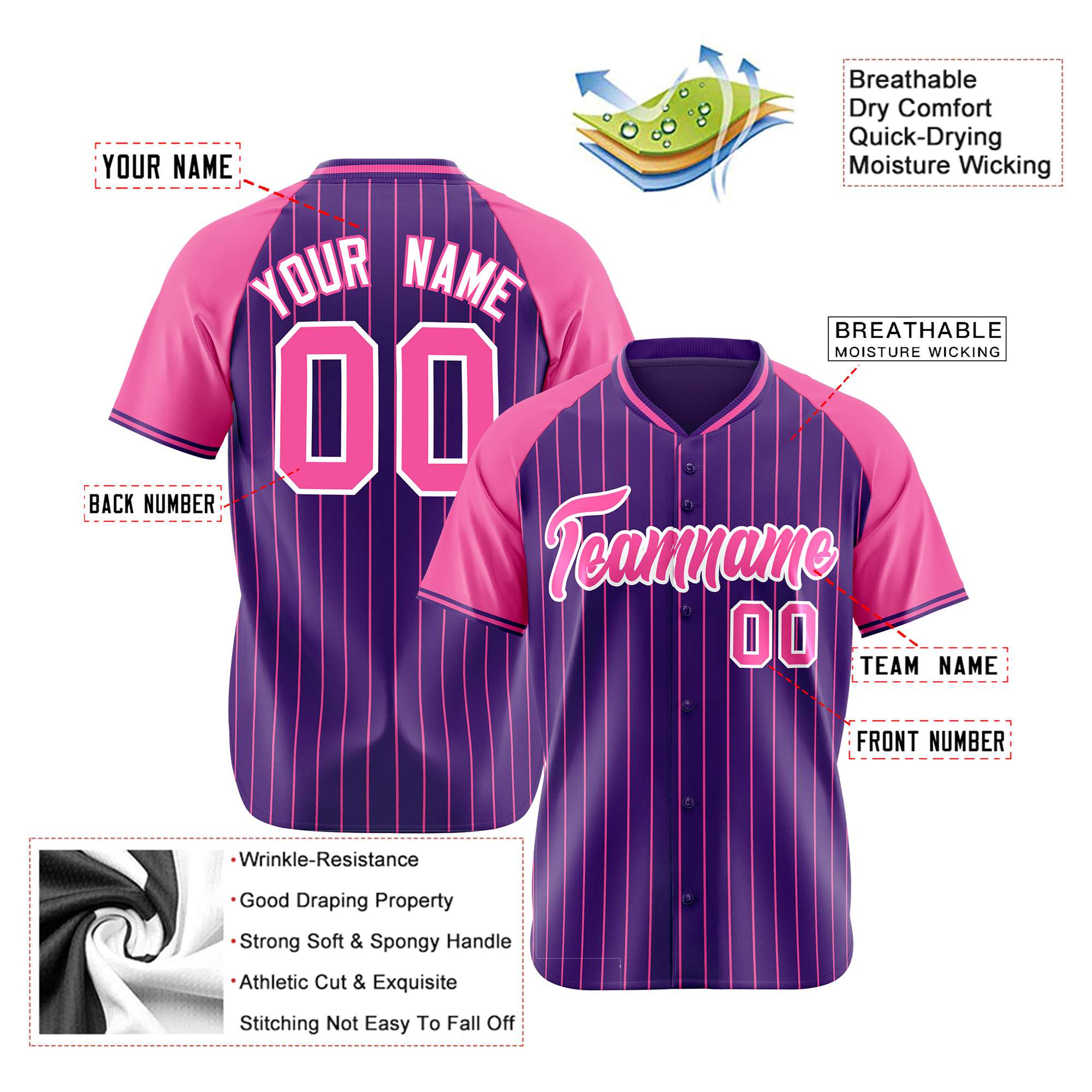 Custom Purple Pink Pinstripe Pink Purple Authentic Raglan Sleeves Baseball Jersey