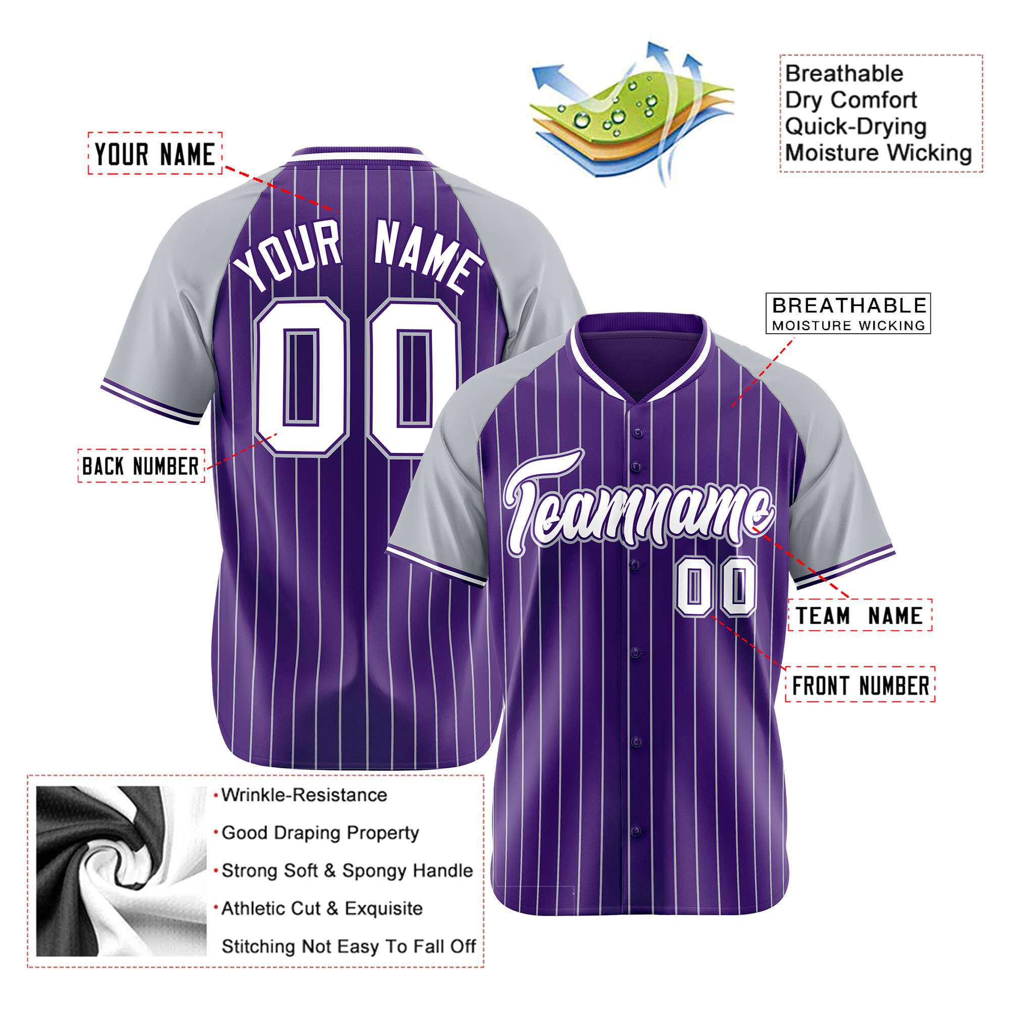 Custom Purple Gray Pinstripe Gray Purple Authentic Raglan Sleeves Baseball Jersey