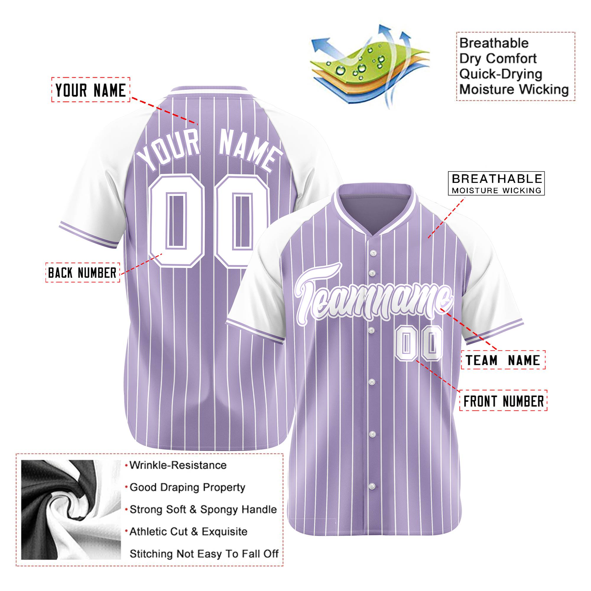 Custom Light Purple White Pinstripe White Light-Purple Authentic Raglan Sleeves Baseball Jersey