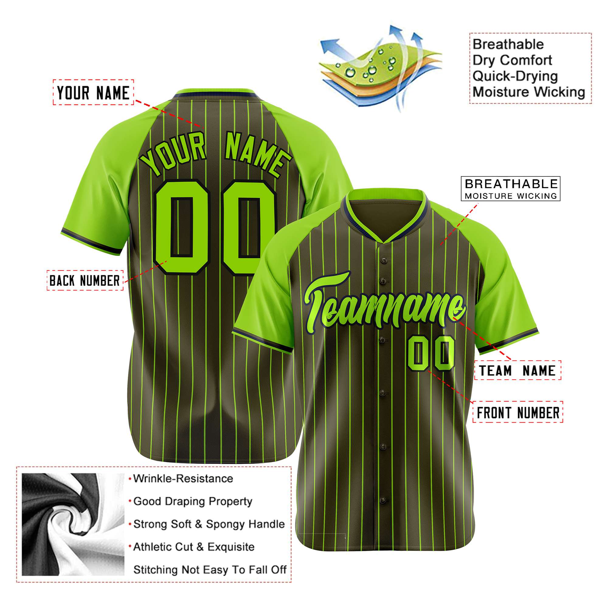 Custom Olive-Neon Green Pinstripe Authentic Raglan Sleeves Baseball Jersey