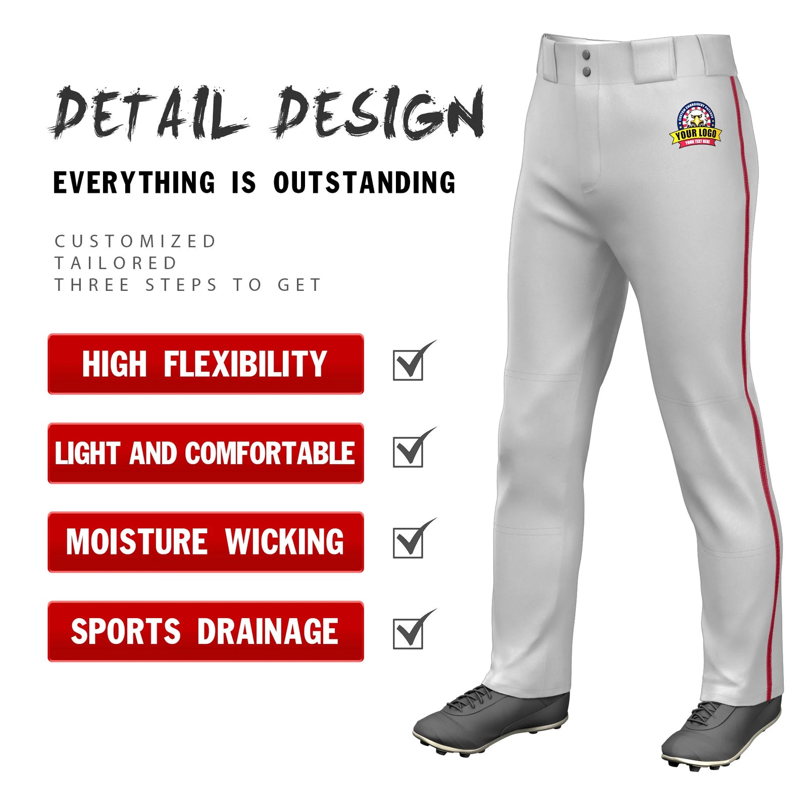 Custom Gray Red Classic Fit Stretch Practice Loose-fit Baseball Pants