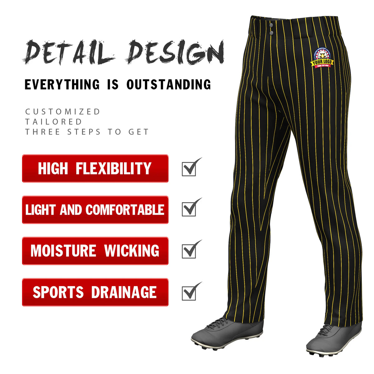 Custom Black Gold-1 Pinstripe Fit Stretch Practice Loose-fit Baseball Pants