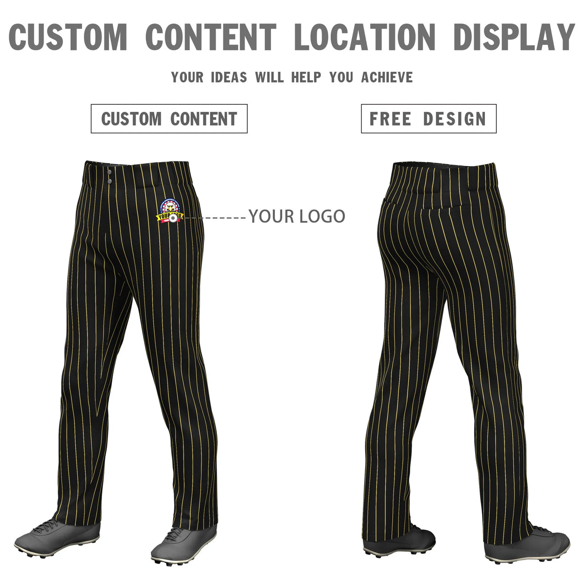 Custom Black Old Gold Pinstripe Fit Stretch Practice Loose-fit Baseball Pants
