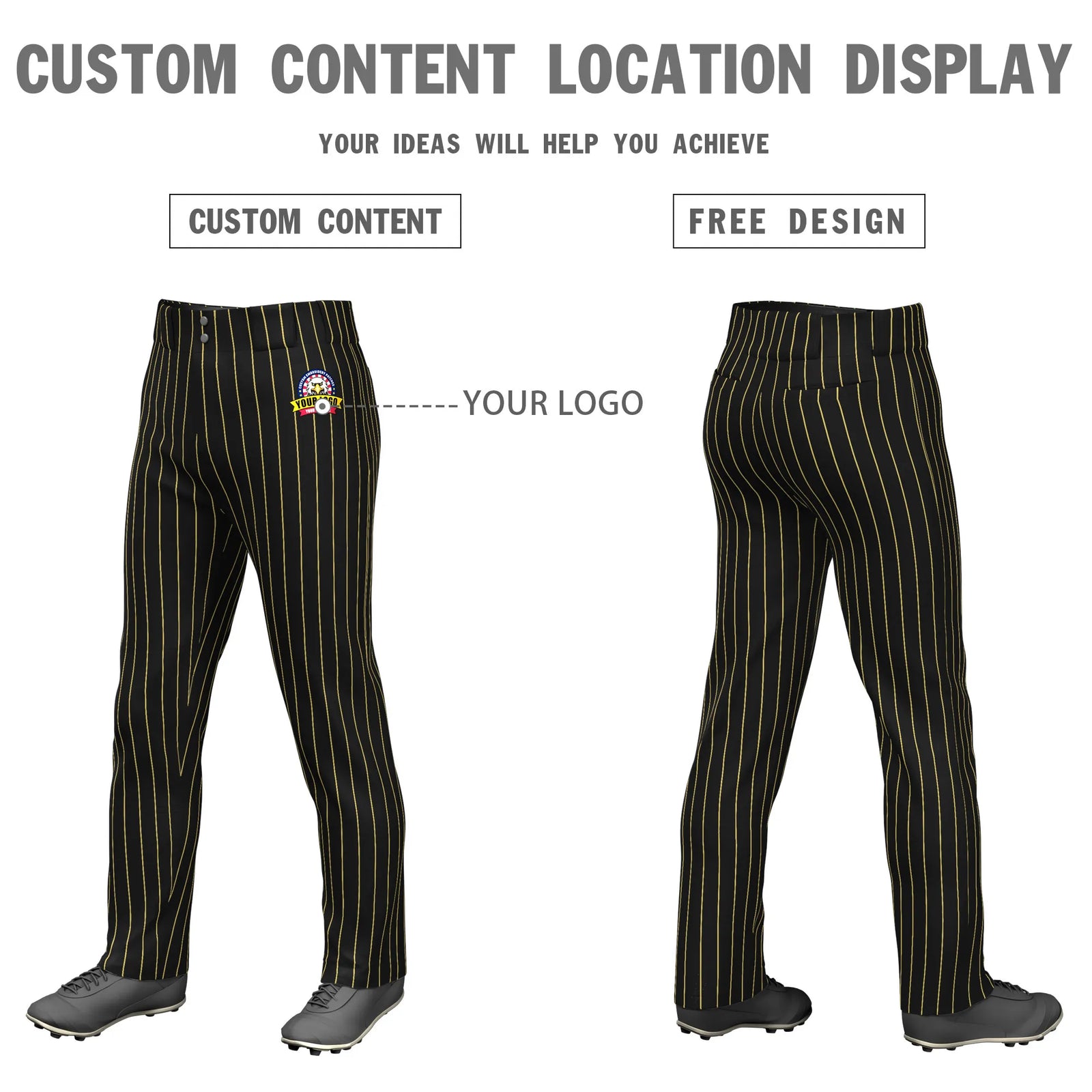 Custom Black Old Gold Pinstripe Fit Stretch Practice Loose-fit Baseball Pants
