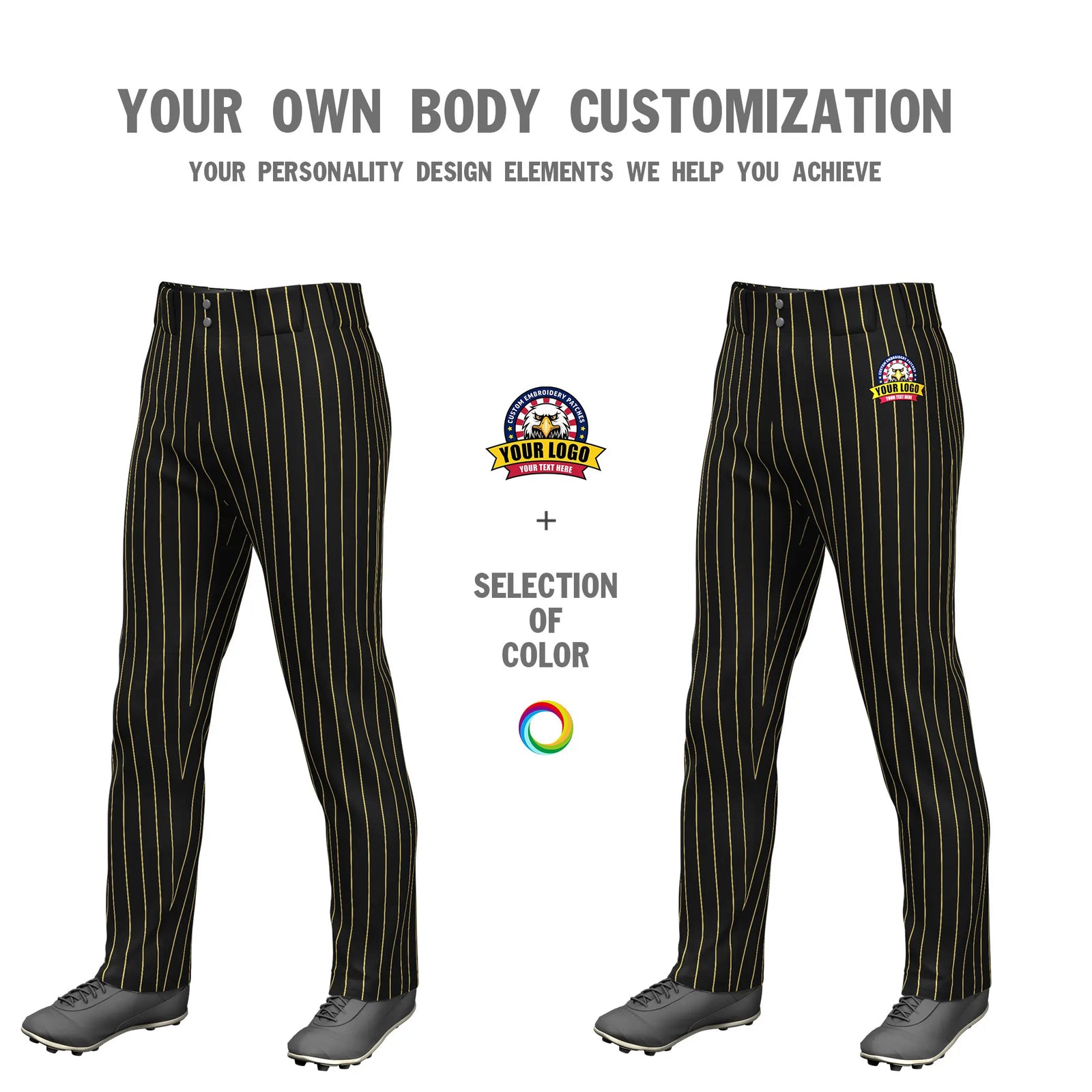 Custom Black Old Gold Pinstripe Fit Stretch Practice Loose-fit Baseball Pants