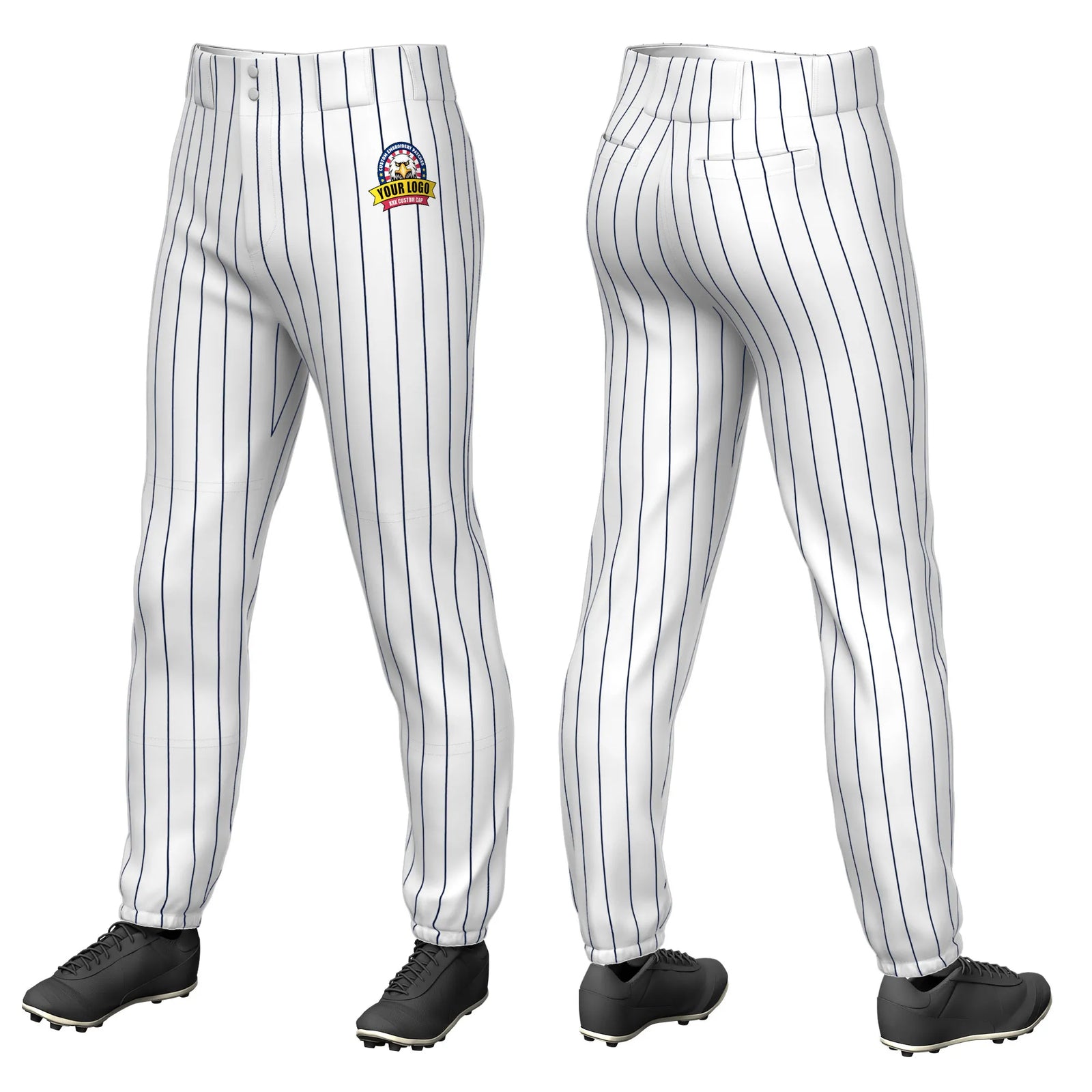 Custom White Navy Pinstripe Fit Stretch Practice Pull-up Baseball Pant
