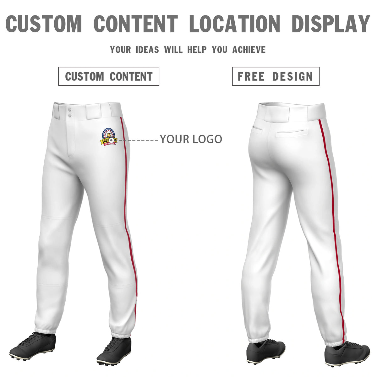Custom White Red Classic Fit Stretch Practice Pull-up Baseball Pants