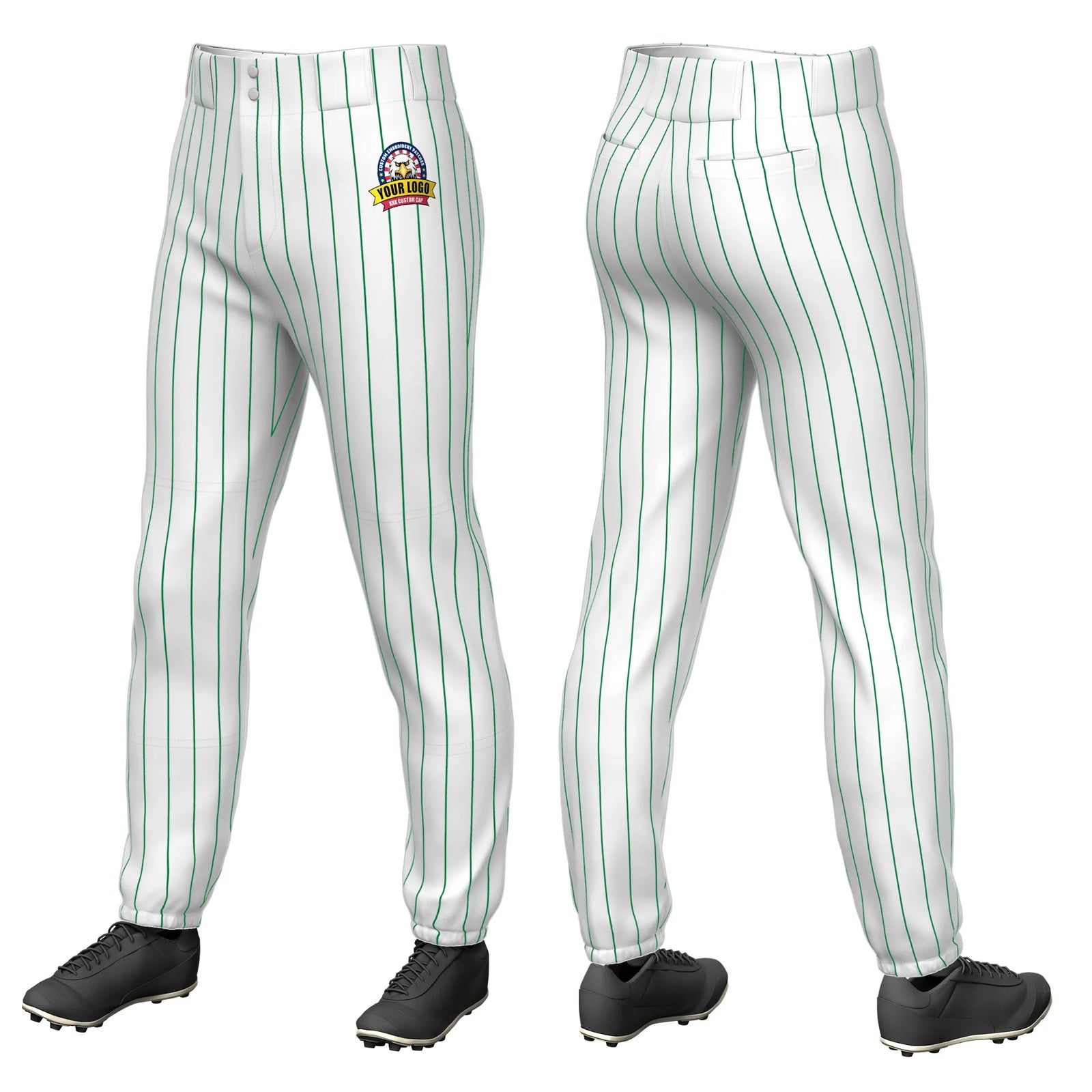 Custom White Kelly Green Pinstripe Fit Stretch Practice Pull-up Baseball Pant