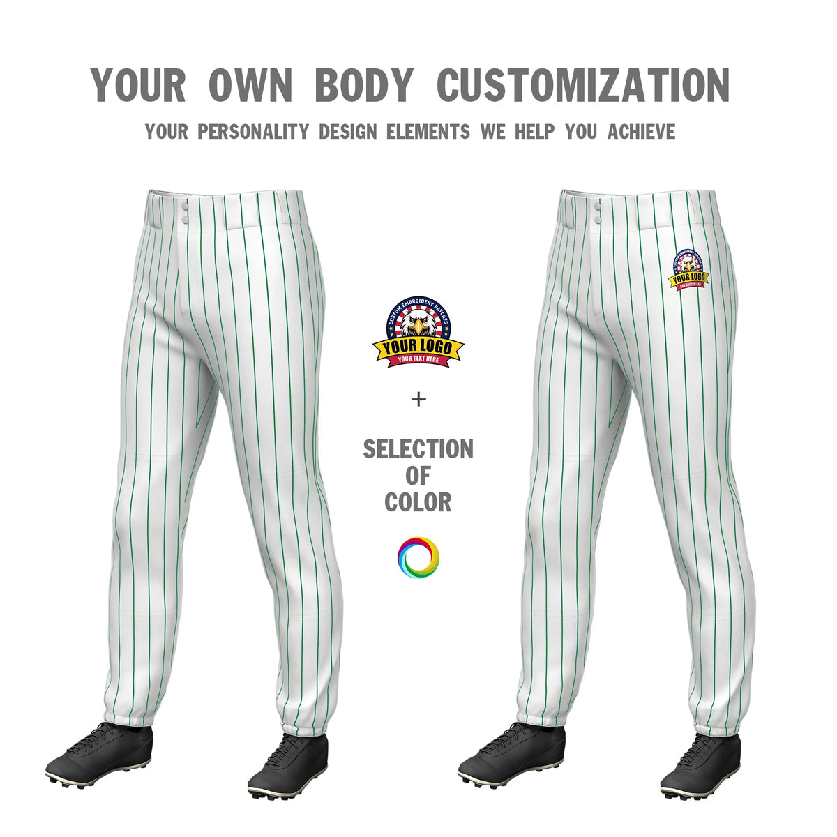 Custom White Kelly Green Pinstripe Fit Stretch Practice Pull-up Baseball Pant