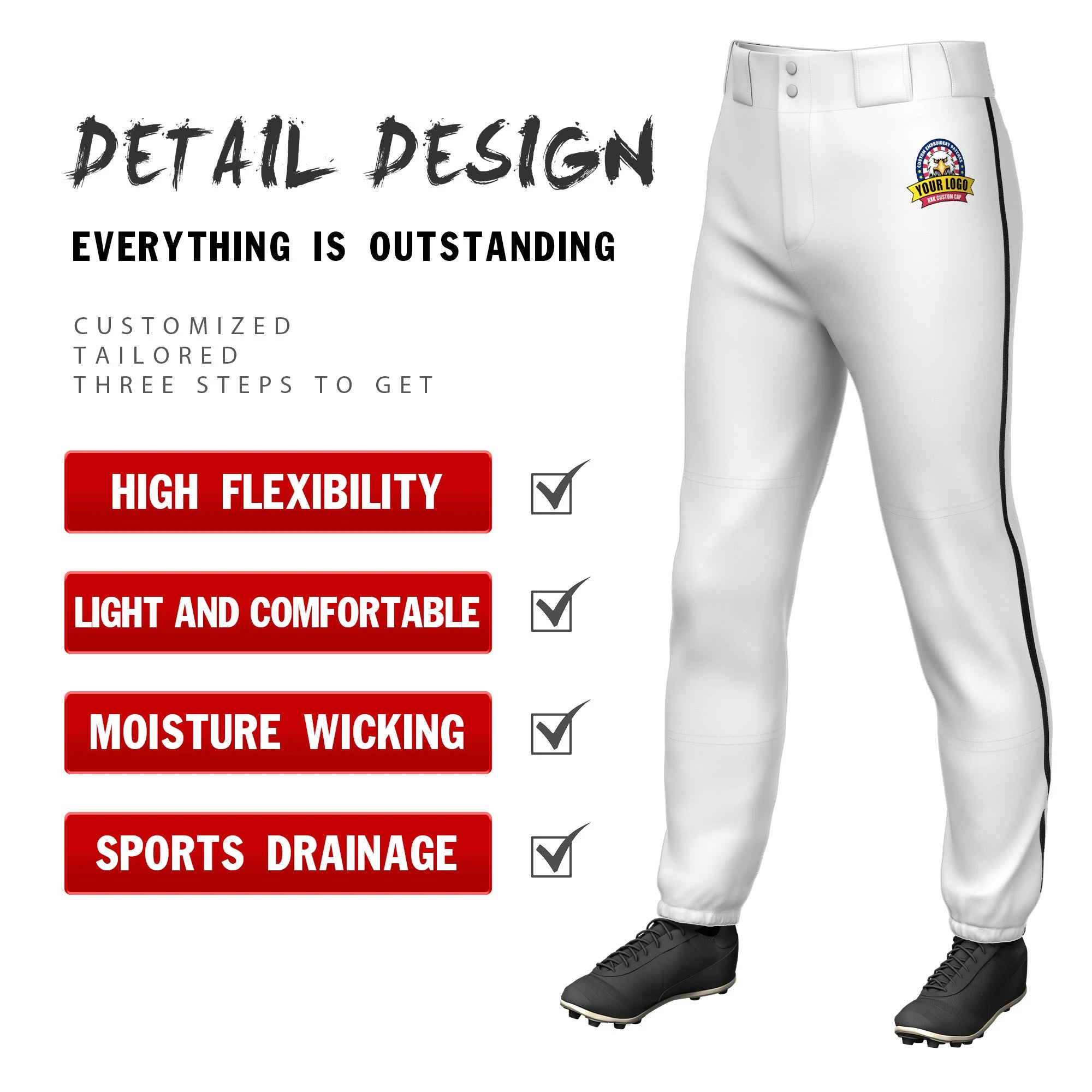 Custom White Black Classic Fit Stretch Practice Pull-up Baseball Pants