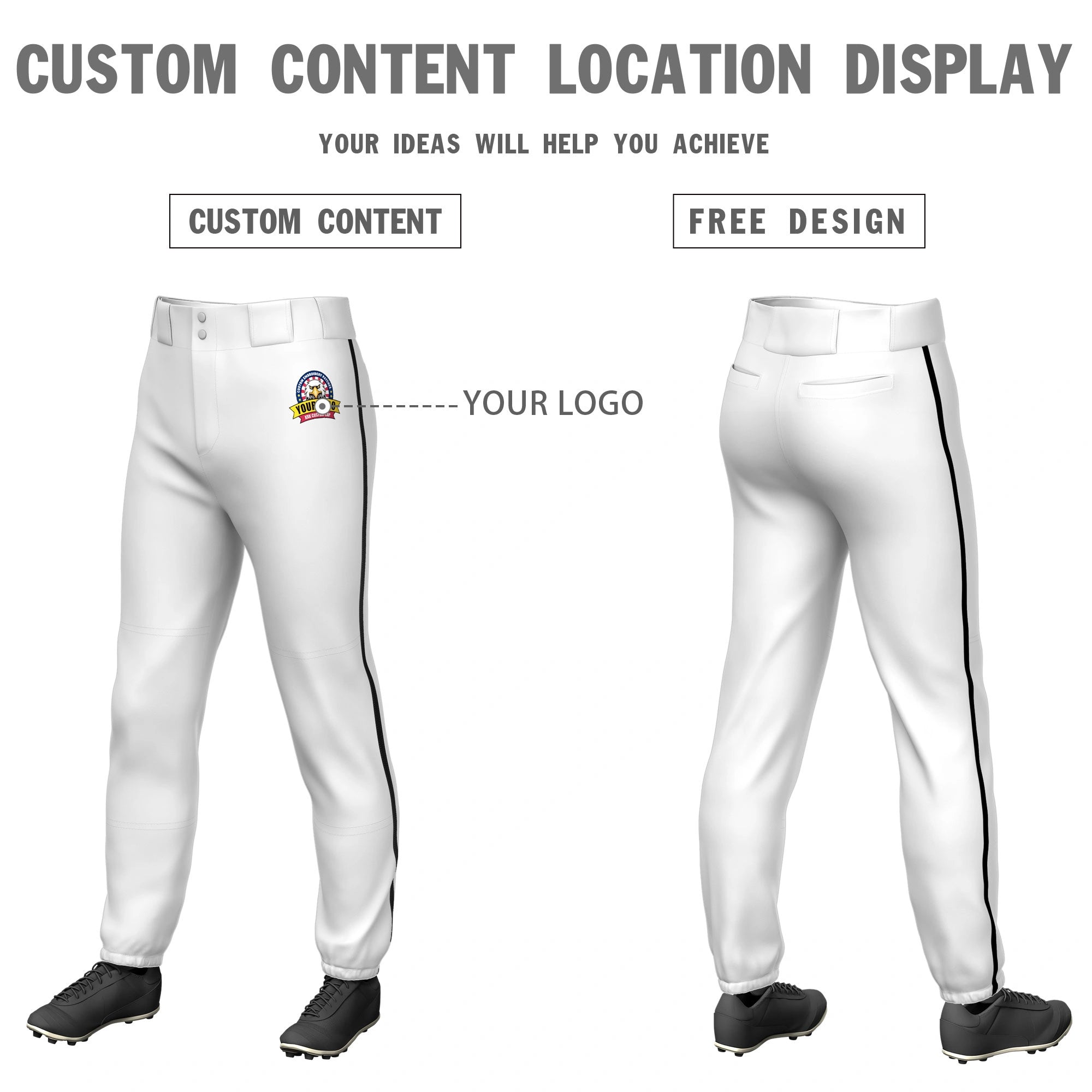 Custom White Black Classic Fit Stretch Practice Pull-up Baseball Pants