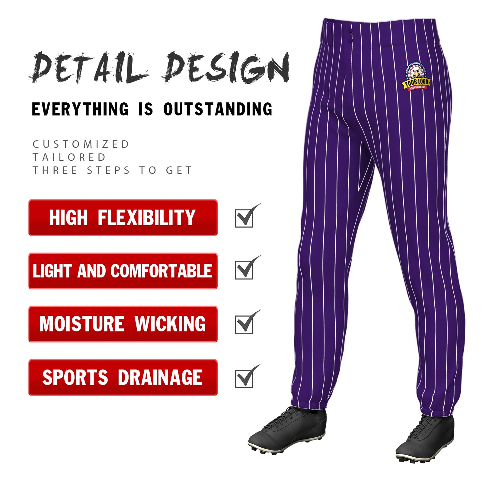 Custom Purple White Pinstripe Fit Stretch Practice Pull-up Baseball Pant