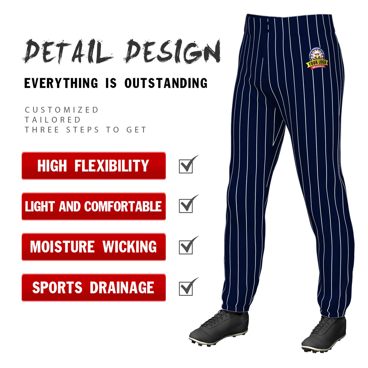 Custom Navy White Pinstripe Fit Stretch Practice Pull-up Baseball Pant