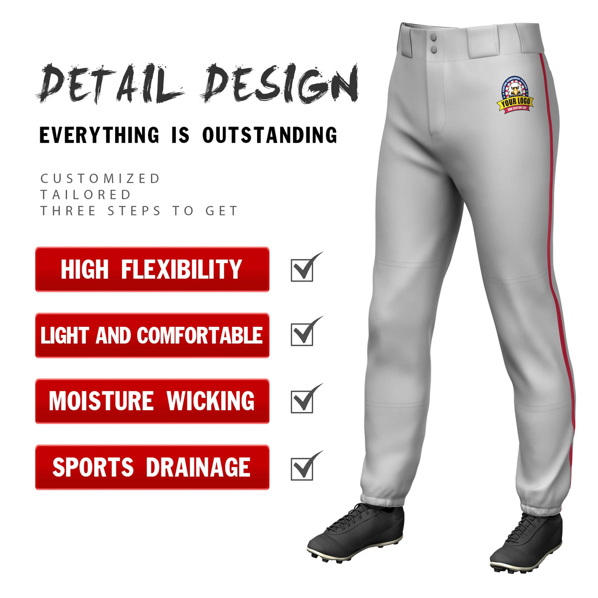 Custom Gray Red Classic Fit Stretch Practice Pull-up Baseball Pants
