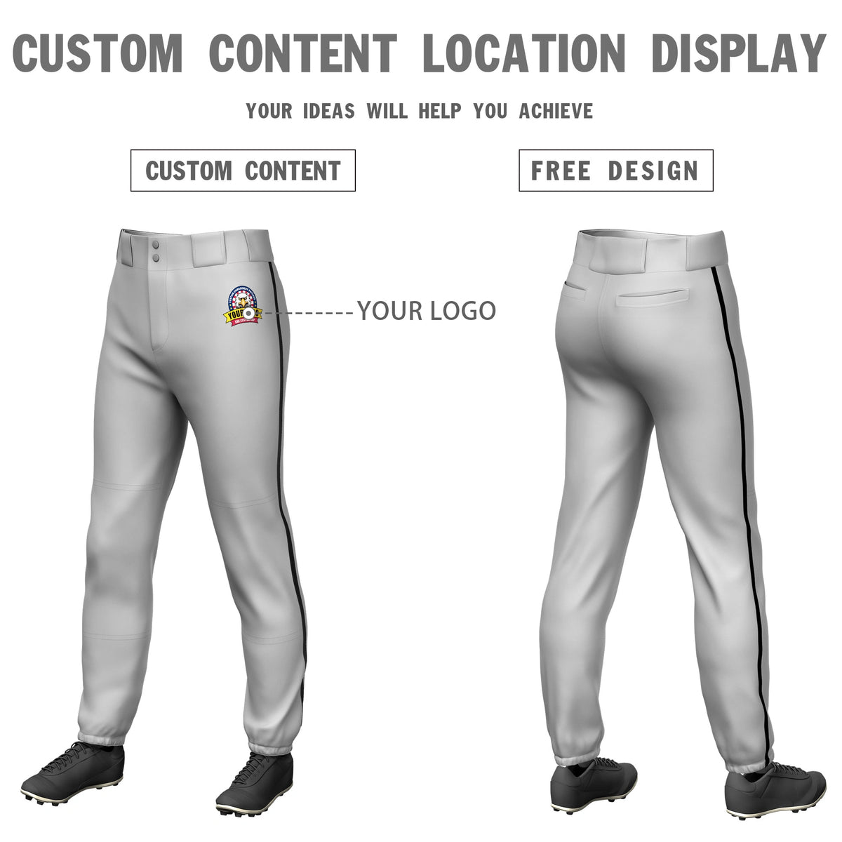 Custom Gray Black Classic Fit Stretch Practice Pull-up Baseball Pants