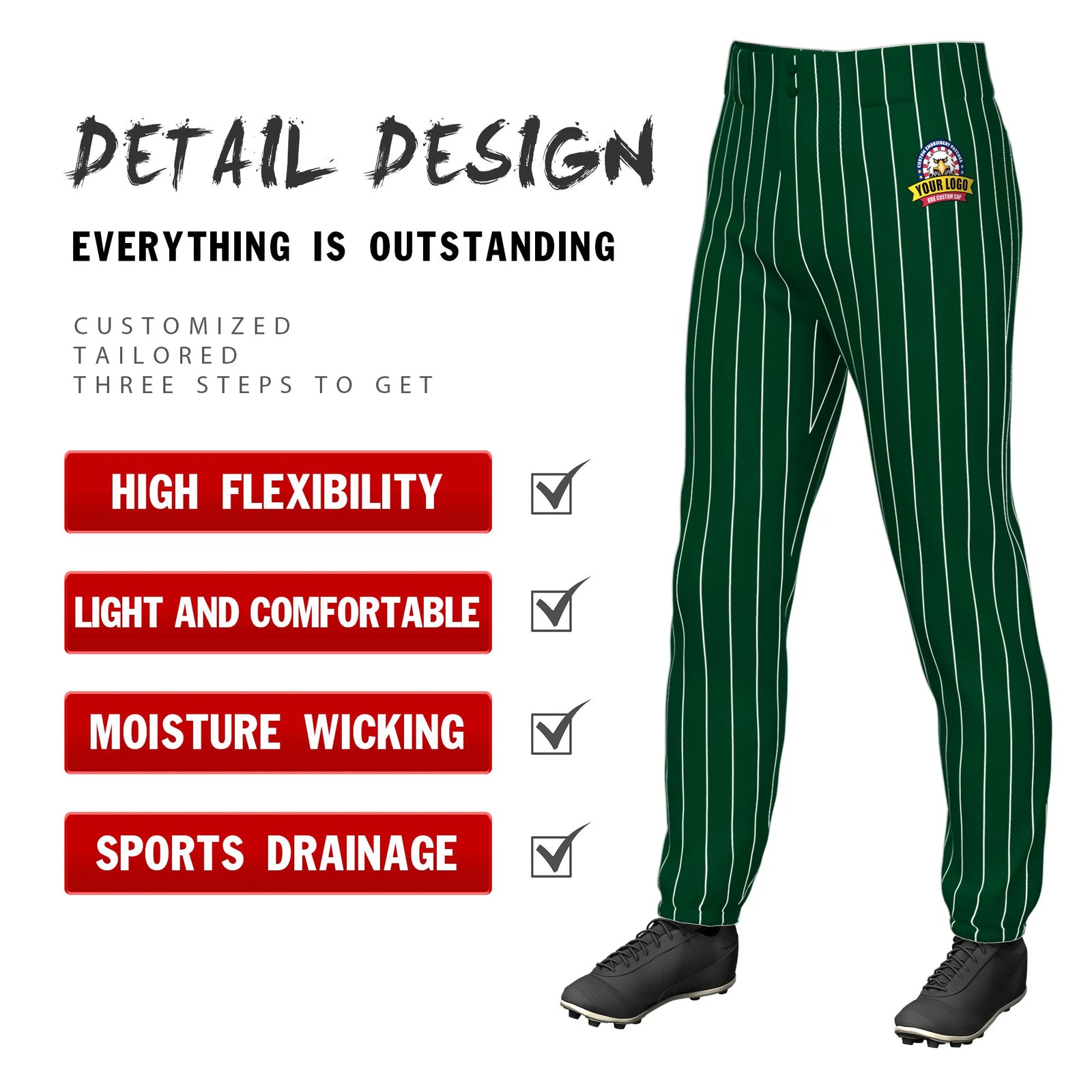Custom Green White Pinstripe Fit Stretch Practice Pull-up Baseball Pant