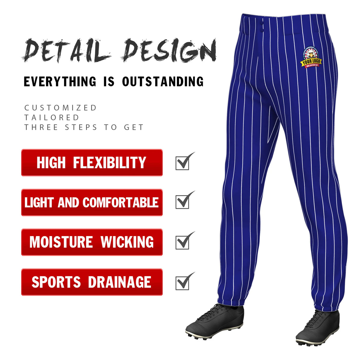 Custom Royal Blue White Pinstripe Fit Stretch Practice Pull-up Baseball Pant