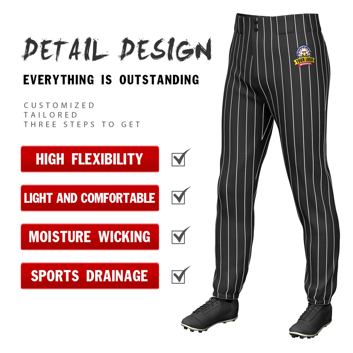 Custom Black White Pinstripe Fit Stretch Practice Pull-up Baseball Pant