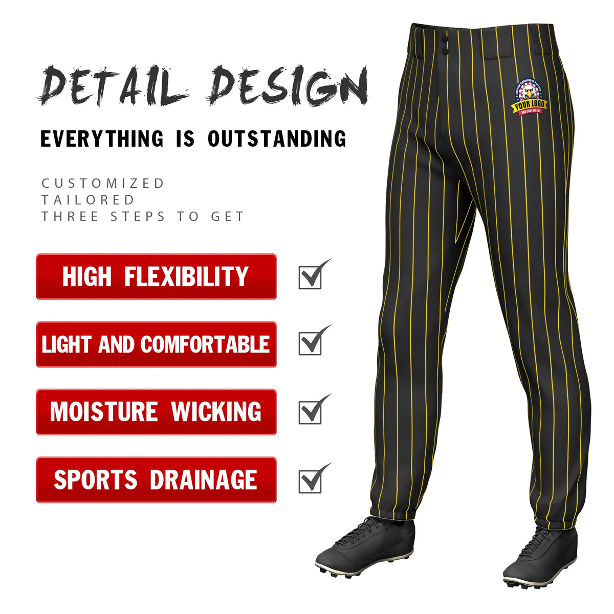 Custom Black Gold-1 Pinstripe Fit Stretch Practice Pull-up Baseball Pant