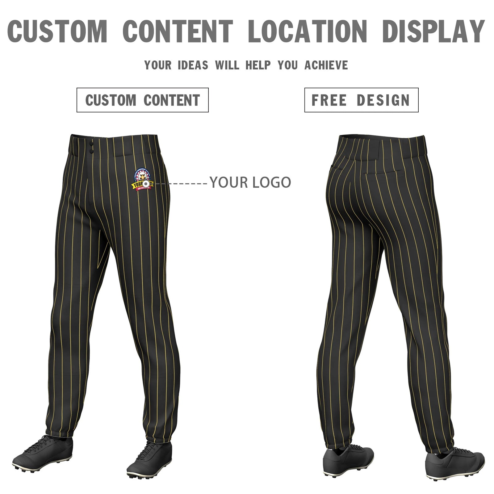 Custom Black Old Gold Pinstripe Fit Stretch Practice Pull-up Baseball Pant