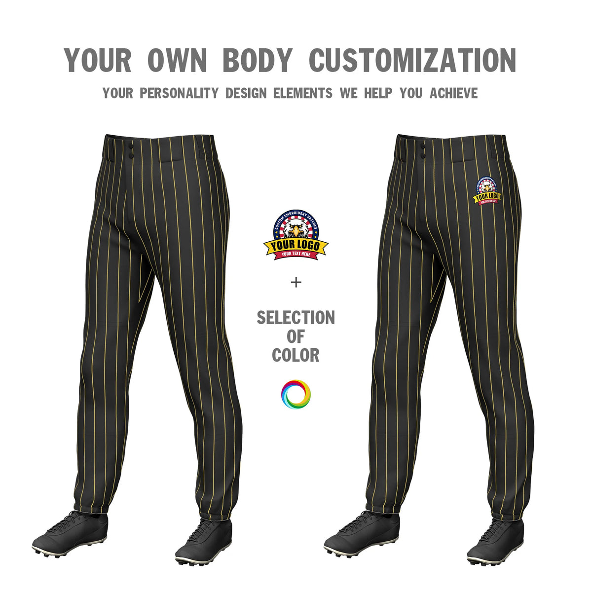 Custom Black Old Gold Pinstripe Fit Stretch Practice Pull-up Baseball Pant