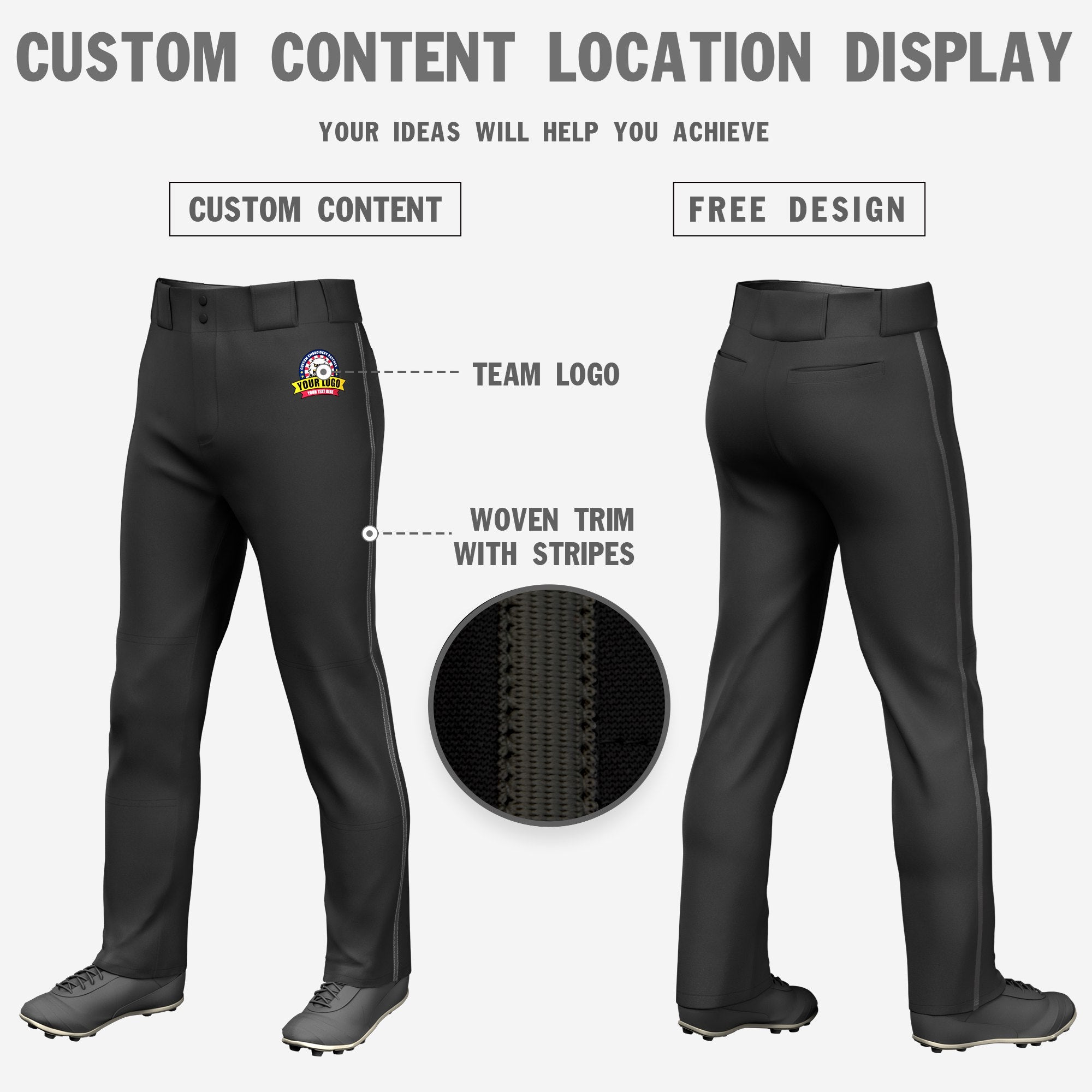 Custom Black Dark Gray Classic Fit Stretch Practice Loose-fit Baseball Pants