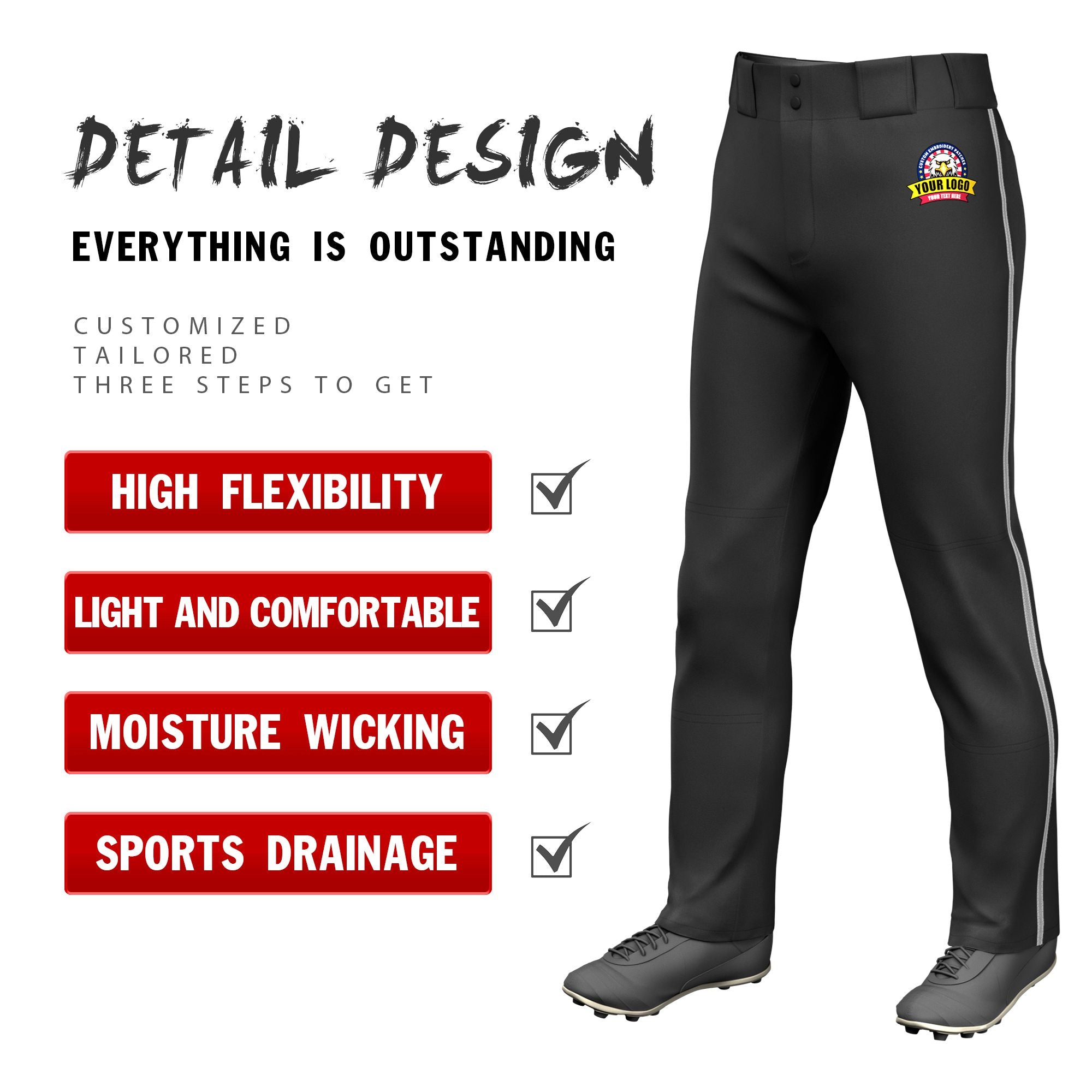 Custom Black Gray Classic Fit Stretch Practice Loose-fit Baseball Pants