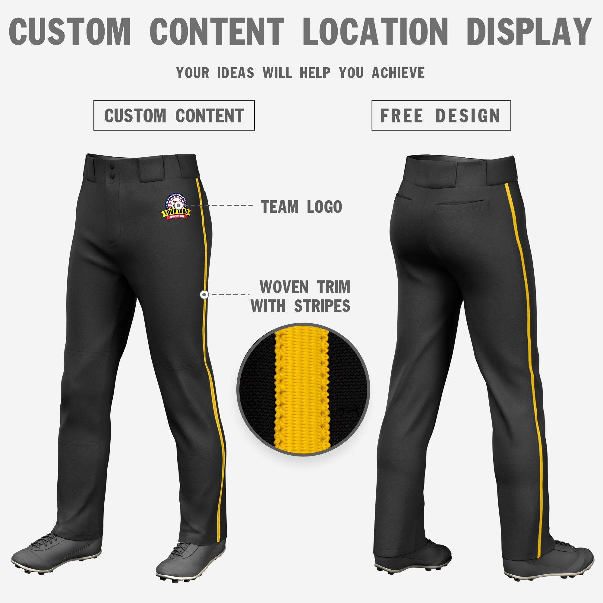 Custom Black Gold01 Classic Fit Stretch Practice Loose-fit Baseball Pants