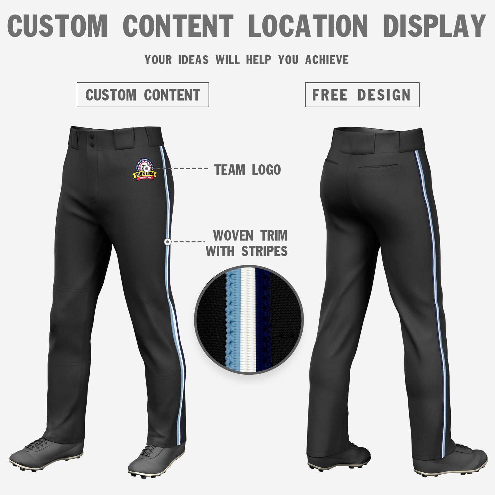 Custom Black Light Blue-White-Navy Classic Fit Stretch Practice Loose-fit Baseball Pants