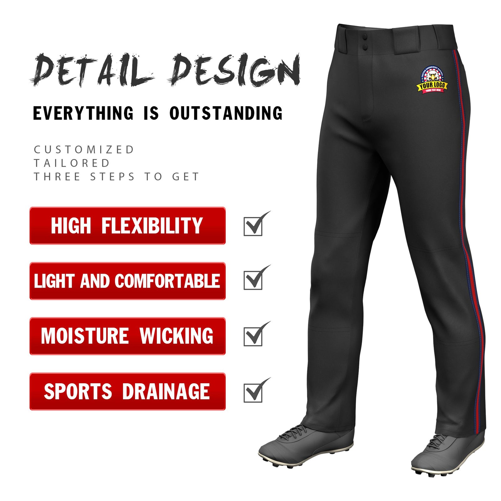 Custom Black Navy-Red-Navy Classic Fit Stretch Practice Loose-fit Baseball Pants