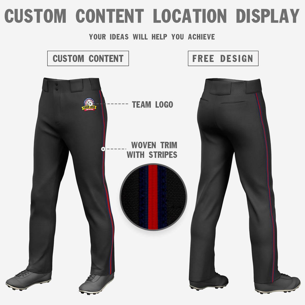 Custom Black Navy-Red-Navy Classic Fit Stretch Practice Loose-fit Baseball Pants