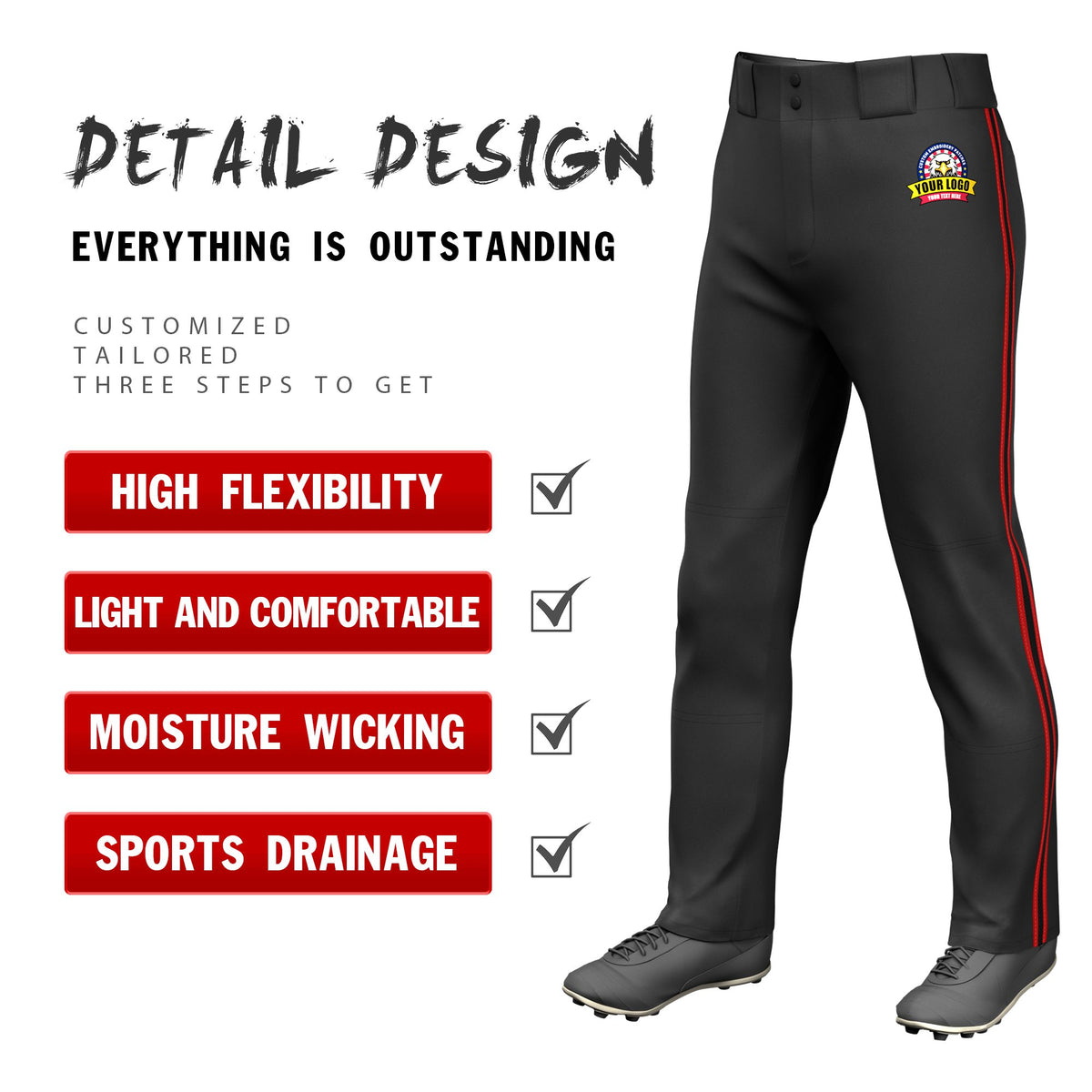 Custom Black Red-Black-Red Classic Fit Stretch Practice Loose-fit Baseball Pants