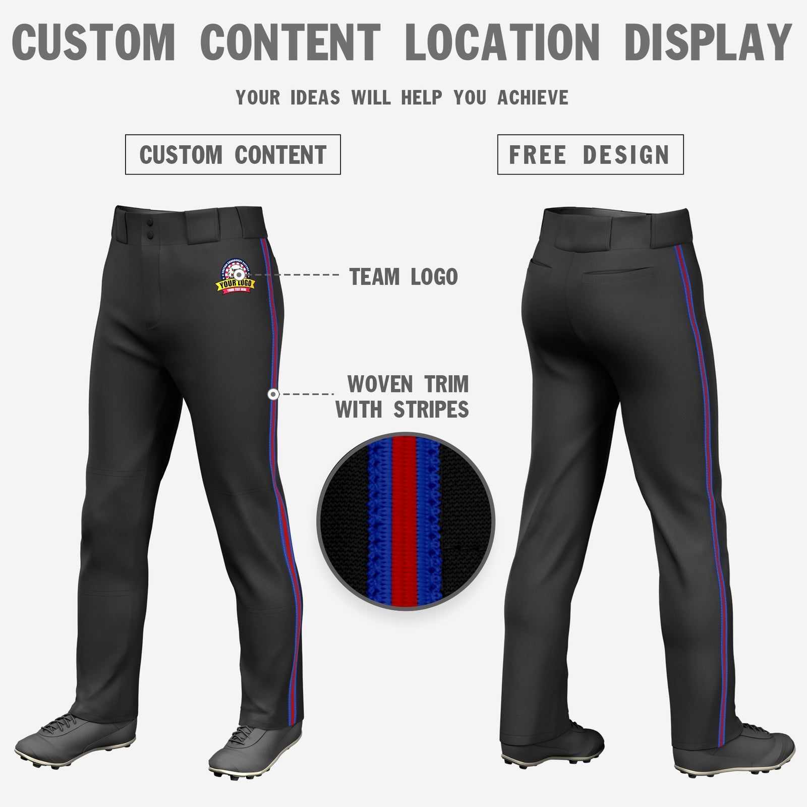 Custom Black Royal Blue-Red-Royal Blue Classic Fit Stretch Practice Loose-fit Baseball Pants